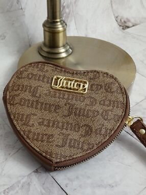 Juicy Couture Brown Monogram Heart Coin Pouch with Gold Trim